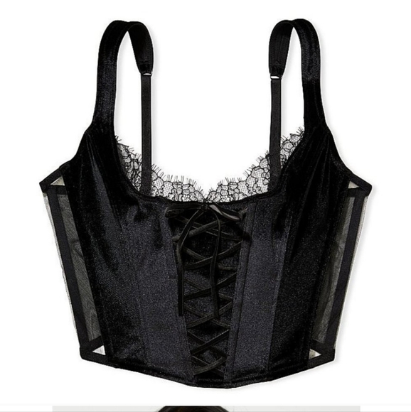 VS Unlined Lace Up Velvet Corset Top - Picture 3 of 7